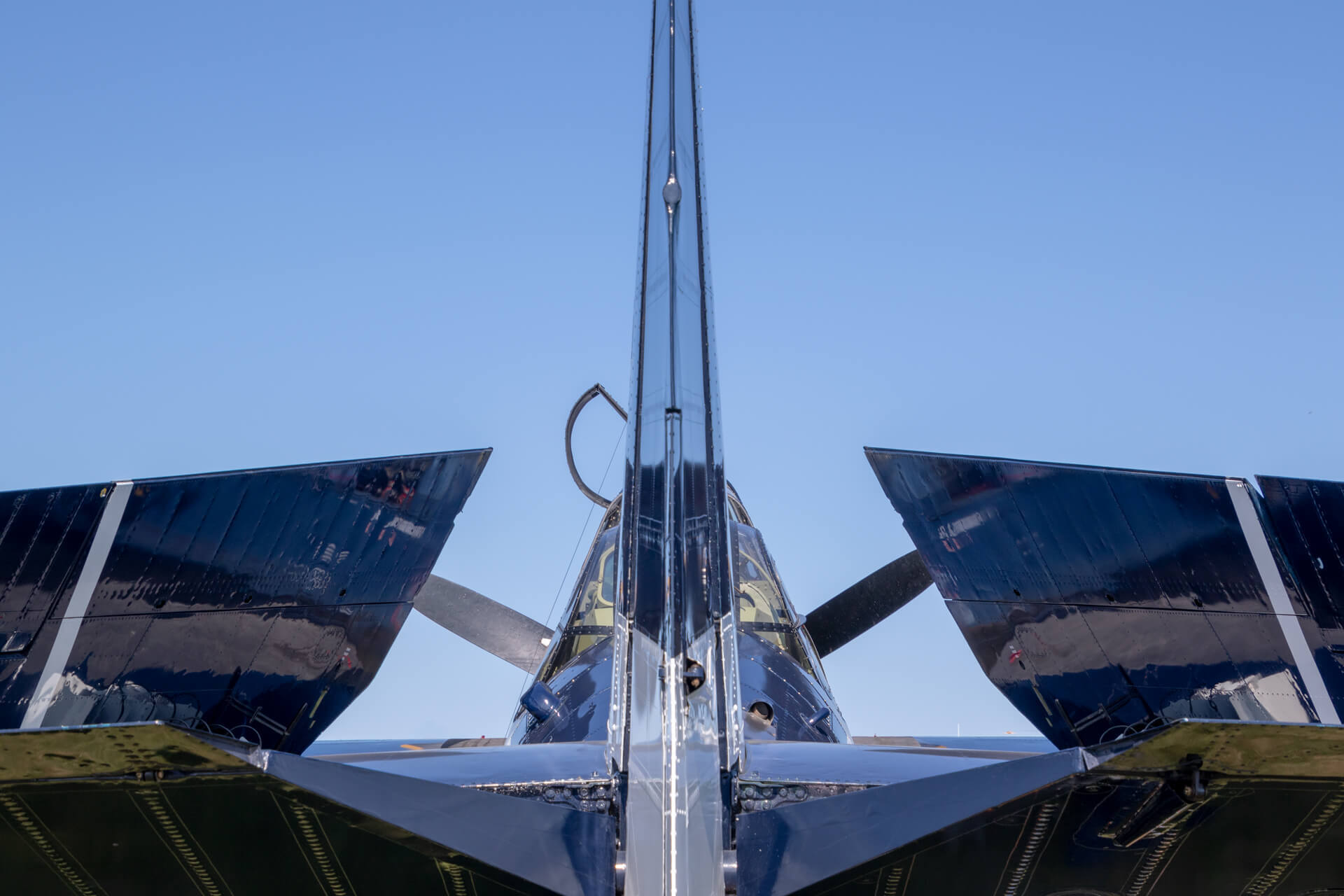 A view of an aircraft's vertical and horizontal stabilizers.